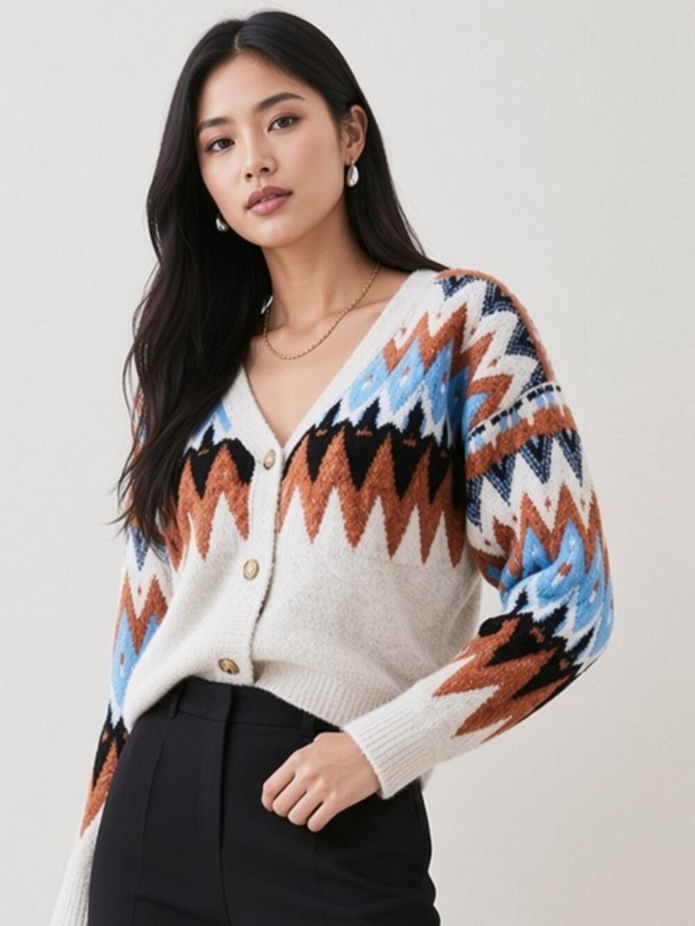 Karen Millen Boucle Fair Isle Knit V Neck Cardigan Womens XS